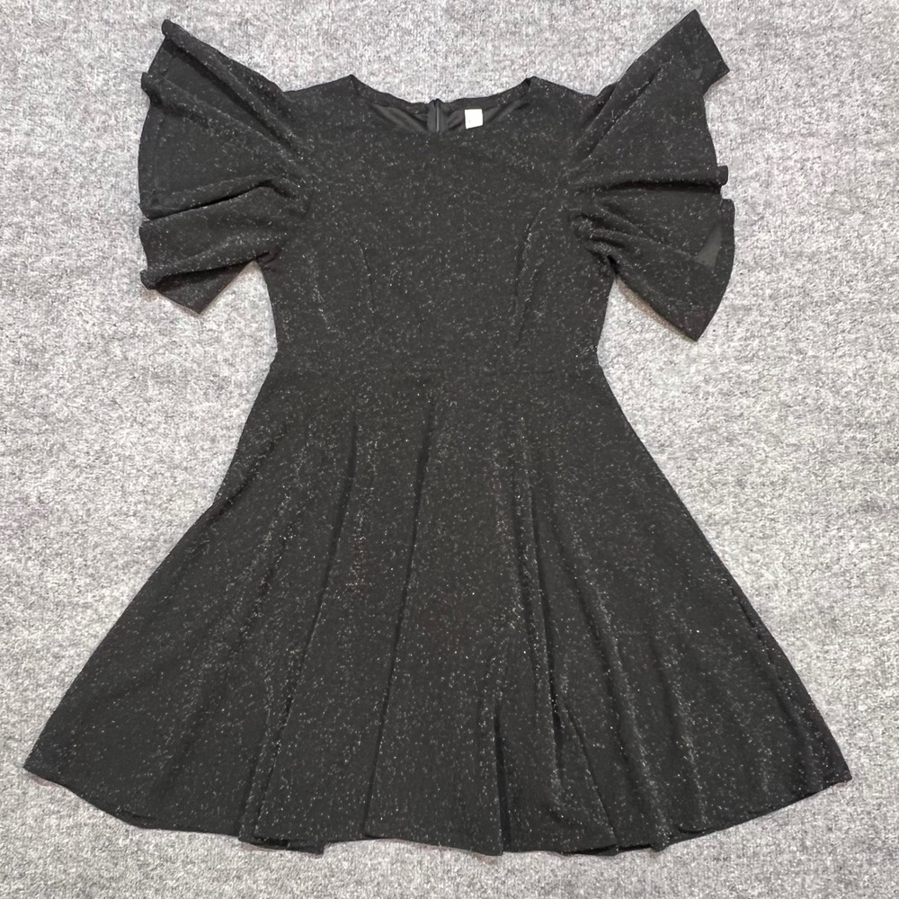 SHEIN Fit and Flare Dress Womens L Black Metallic Glitter Butterfly Sleeve Goth
